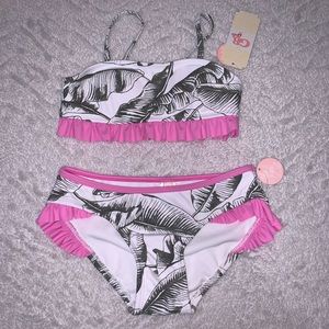 NWT GB Girls Green Pink Ruffle Lining Swimsuit